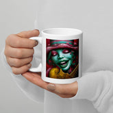 Close-up of Whimsical Wonders II White Glossy Mug handle.